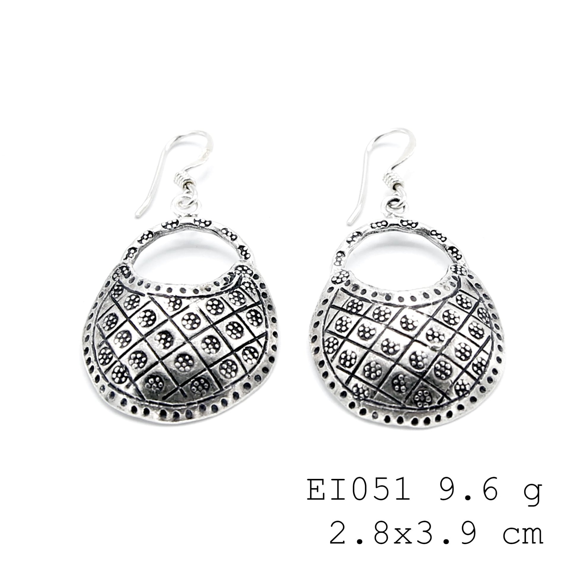 Artisan-made bag-shape silver earrings for your collection.