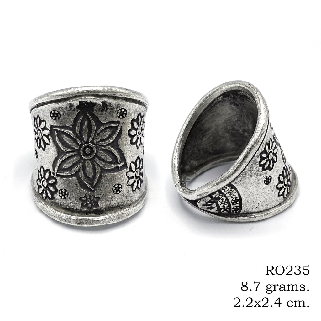 Every mark tells a story on this silver ring.